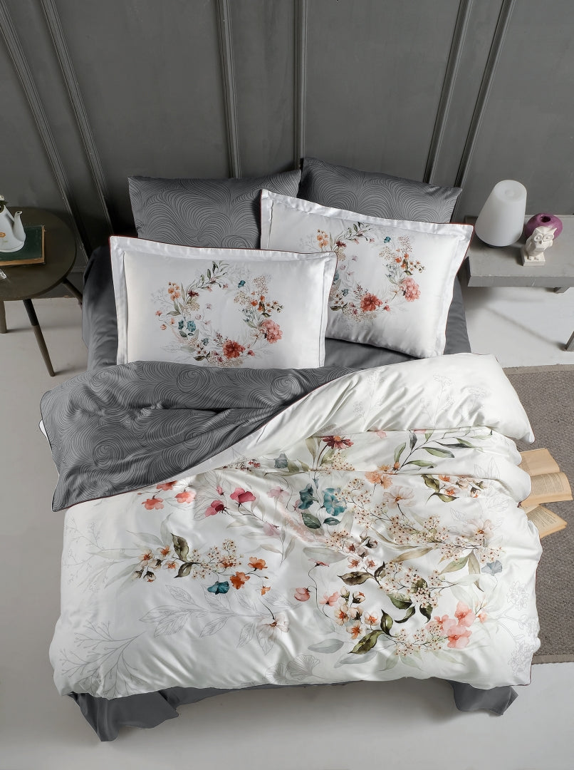 Постільна білизна преміум-класу з атласу 300TC з квітковим сірим принтом :: La Romano