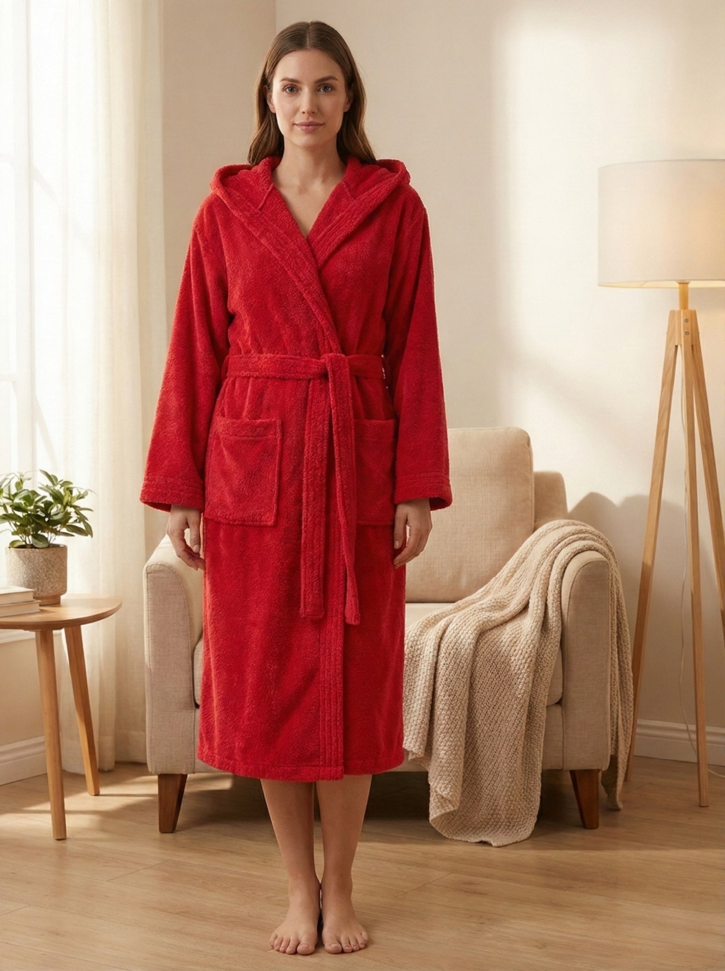 Жіночий однотонний м'який халат (з капюшоном)